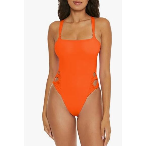 BECCA Baja Mar One Piece Swimsuit Small Orange Carrot Bow Side Cut Out NWT - Picture 1 of 11